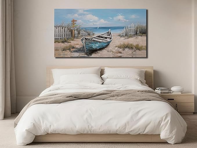 Ardemy Boat Canvas Wall Art Nautical Art Wall Decor for Living Room, Blue Teal Bedroom Picture Textured Beach Painting Framed Artwork Dining Room Home Office Kitchen, Large 40"x20"
