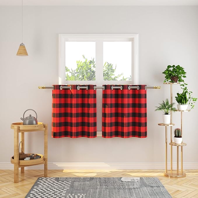 3 Pc Cotton Classic Country Farmhouse Kitchen Window Curtain Grommet Top -Red & Black Buffalo Check Tier & Valance Set, 54" x 18" / 32" x 24"