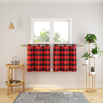 3 Pc Cotton Classic Country Farmhouse Kitchen Window Curtain Grommet Top -Red & Black Buffalo Check Tier & Valance Set, 54" x 18" / 32" x 24"