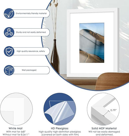 PEALSN 8x10 Picture Frame Set of 6, Display Pictures 5x7 with Mat or 8x10 without Mat for Wall Mounting or Table Top Display, Photo Frames Collage for Wall Decor, White.
