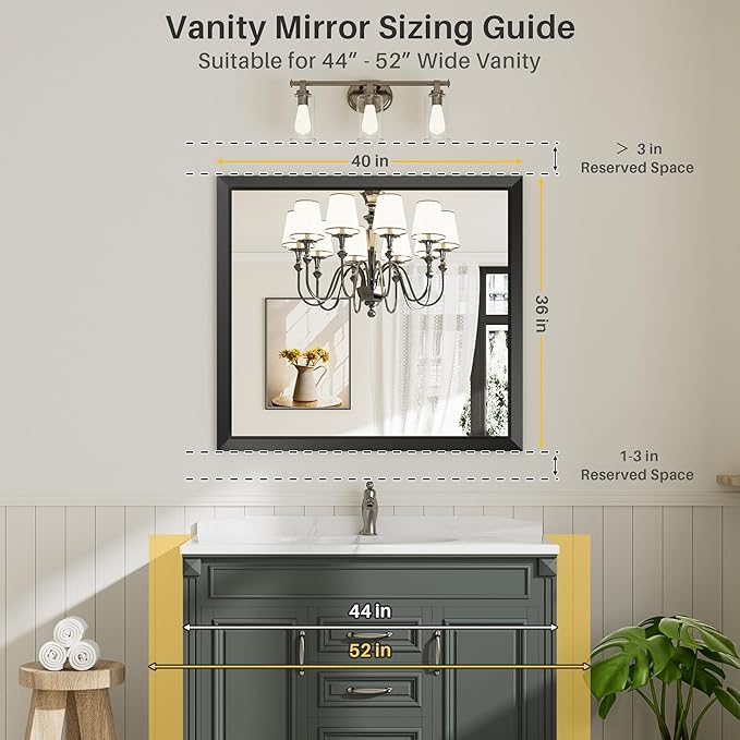 Briivue 40x36 Inch Black Bathroom Mirror for Wall, Thick Metal Framed Rectangle Mirrors for Over Sink, Bedroom, Living Room, Entryway, Anti-Rust, HD Tempered Glass
