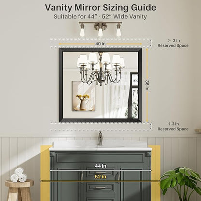 Briivue 40x36 Inch Black Bathroom Mirror for Wall, Thick Metal Framed Rectangle Mirrors for Over Sink, Bedroom, Living Room, Entryway, Anti-Rust, HD Tempered Glass