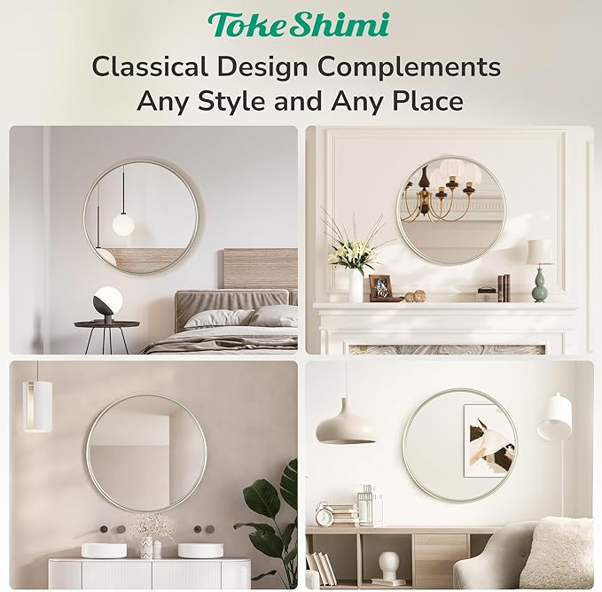 TokeShimi 30 Inch Brushed Nickel Mirror Round Tempered, Shatterproof Bathroom Vanity Mirror Circle, Metal Farmhouse Wall Mounted Mirror for Vanity, Entryway, Bedroom, Restroom, Living Room