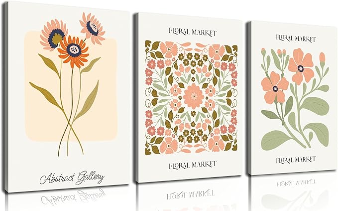 SKYRISE 3 PCS Boho Floral Canvas Wall Art, Rustic Botanical Canvas Paintings Prints ArtWork for Living Room, Vintage Flower Pictures for Farmhouse Dining Room Hallway Bedroom Wall Decor 12"x16"