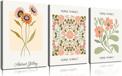 SKYRISE 3 PCS Boho Floral Canvas Wall Art, Rustic Botanical Canvas Paintings Prints ArtWork for Living Room, Vintage Flower Pictures for Farmhouse Dining Room Hallway Bedroom Wall Decor 12"x16"