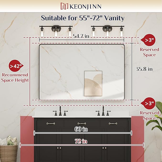 Keonjinn Black Bathroom Mirror 55 x 36 Inch Large Rounded Rectangle Mirror for Bathroom Sink, Matte Black Farmhouse Vanity Mirror, Anti-Rust, HD Tempered Glass, Sandblasted Finish(Horizontal/Vertical)