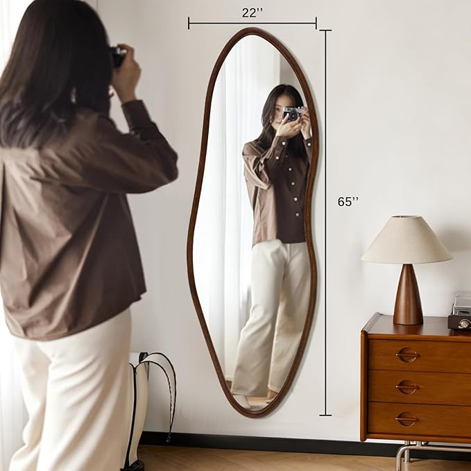 Irregular 65"x22" Wood Frame Full Length Mirror, Long Wall-Mounted Mirrors, Large Body Hanging Mirror for Living Room, Decorative Vanity Mirrors for Entryway, Bedroom,Horizontal/Vertical, Walnut