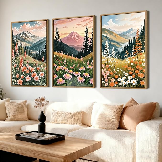 ANHUIB Colorful Landscape Wall Art 16x24 Inch Abstract Mountain Forest Wall Decor Wildflower Blossom Artwork Nature Scenery Painting Set of 3 for Living Room Bedroom Dining Room