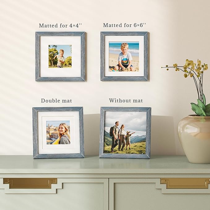 Egofine 8x8 Picture Frame Made of Solid Wood with Plexiglass, Display Pictures 4x4/6x6 with Mat or 8x8 Without Mat Set of 4 for Tabletop and Wall Mounting, Rustic Blue