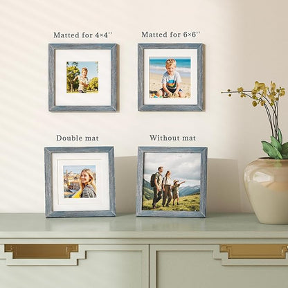 Egofine 8x8 Picture Frame Made of Solid Wood with Plexiglass, Display Pictures 4x4/6x6 with Mat or 8x8 Without Mat Set of 4 for Tabletop and Wall Mounting, Rustic Blue