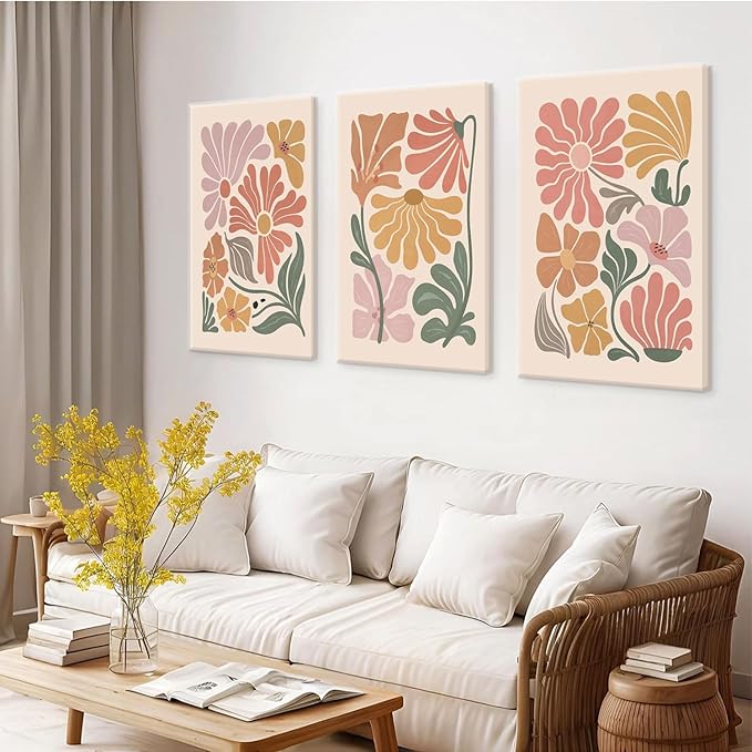 TBKHUDBI Boho Flower Canvas Wall Art Abstract Floral Pictures Prints Set of 3 Minimalist Botanical Painting Poster Flower Market Aesthetic Wall Decor for Living room Bedroom 12"x16" Framed
