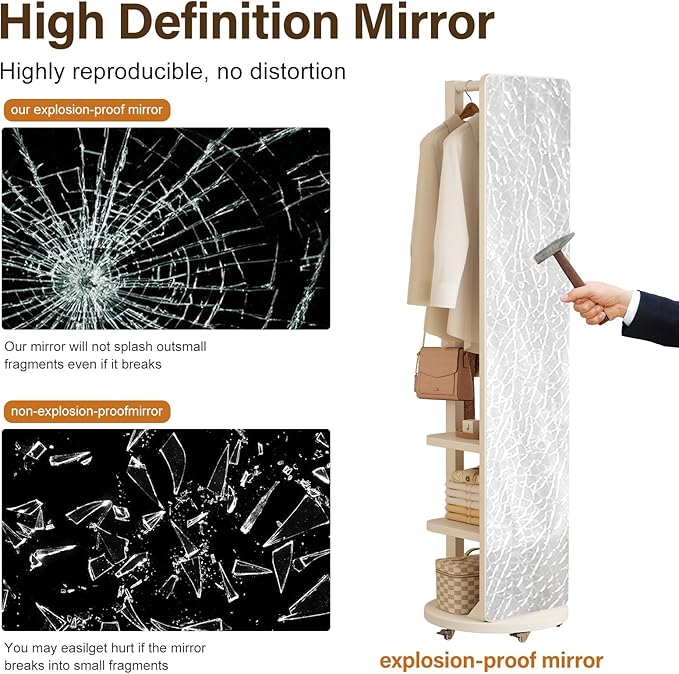 WoodsWhisper Full Length Mirror Coat Rack Solid Wood Floor Mirror 66"x12" Full Length Mirror with Stand Long Mirrors for Bedroom,Living Room (White-Mobile, 66" Lx12 W)