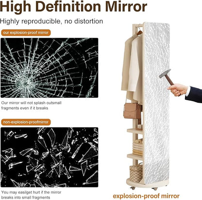 WoodsWhisper Full Length Mirror Coat Rack Solid Wood Floor Mirror 66"x12" Full Length Mirror with Stand Long Mirrors for Bedroom,Living Room (White-Mobile, 66" Lx12 W)