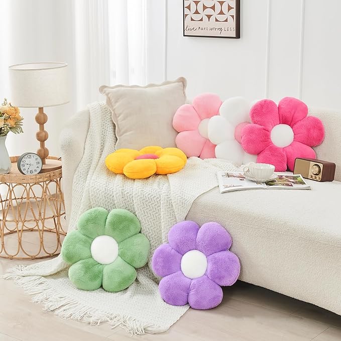2 Pcs Flower Throw Pillow,15.7'' Daisy Flower Shaped Pillows Set with Faux Rabbit Fur,Soft Flower Plush Throw Pillow Cushions for Bed Sofa Couch Home Decor(White+Rose Pink)