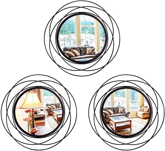 3 Set. Round Mirrors for Wall Decor Living Room Bedroom Bathroom Dining Room Metal Circle Mirror Set Boho Decorative Sunburst Wall Art Accent Entryway - Black 9.5 in.