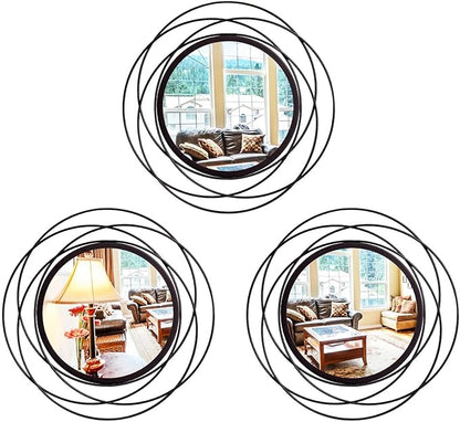 3 Set. Round Mirrors for Wall Decor Living Room Bedroom Bathroom Dining Room Metal Circle Mirror Set Boho Decorative Sunburst Wall Art Accent Entryway - Black 9.5 in.