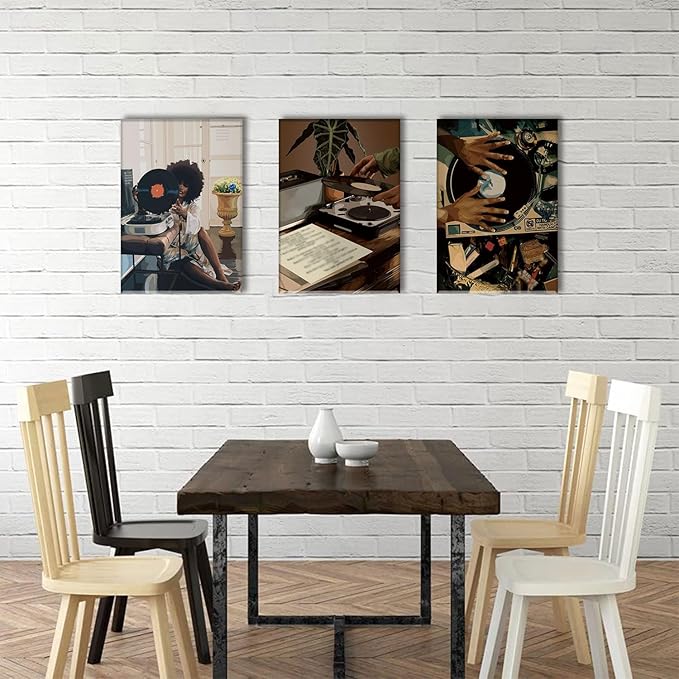 AOYUSMO 3 Piece Black Girl Wall Art African American Wall Decor Black Woman Canvas Art Fashion Music Pictures Dj Studio Paintings Trendy Artwork For Living Room Bedroom