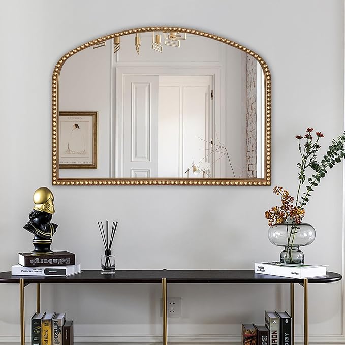 BAODANFU Vanity Mirror for Bedroom, 35" x 28" Large Arch Vintage Gold Wall Mirror, Beaded Frame Decorative Accent Mirrors for Washroom, Living Room, Entryway, Bathroom, Fireplace