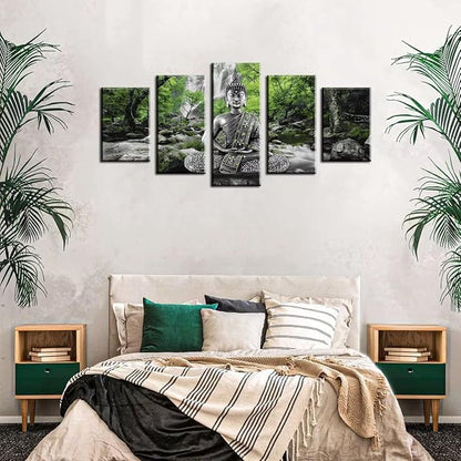 AWLXPHY Decor Buddha Waterfall Wall Art Canvas Painting Framed 5 Panels for Living Room Decoration Modern Landscape Buddha Trees Zen Stretched Artwork Giclee (Green, 80"x40")
