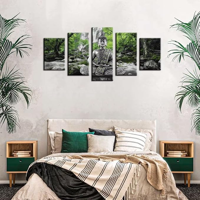 AWLXPHY Decor Buddha Wall Art Canvas Painting Framed 5 Panels for Living Room Decoration Modern Landscape Buddha Waterfall Trees Zen Stretched Artwork Giclee (Green, 60"x30")