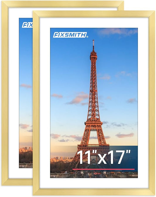 FIXSMITH 11x17 Picture Frame Gold Set of 2, Photo Frame with HD Plexiglass, Display Pictures 9x15 with Mat or 11x17 Without Mat, Gold Picture Frames Collage Wall Decor, Gallary Wall Frame