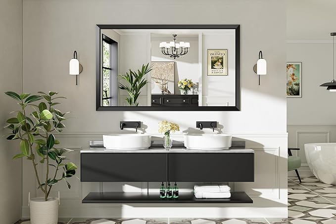 Briivue 60x36 Inch Black Bathroom Mirror for Wall, Thick Metal Framed Rectangle Mirrors for Over Sink, Bedroom, Living Room, Entryway, Anti-Rust, HD Tempered Glass