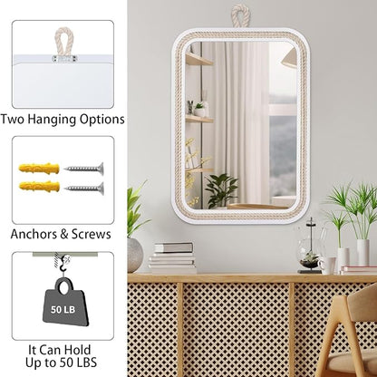 Nautical Rope Mirror Rectangle Wooden 22''Lx16''W White Decorative Mirror Farmhouse Hanging for Bathroom,Livingroom,Entryway-Beachy Coastal Wall Mirror Decor