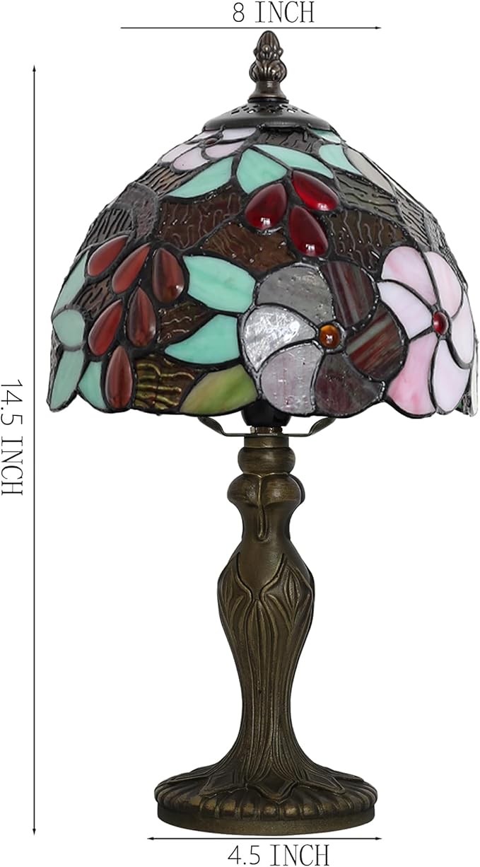 Tiffany Style Lamp Stained Glass Table Lamp 8 x 14.5 Mini Accent Light Grape Design Small Decorative Bedside Reading Memory Lamp