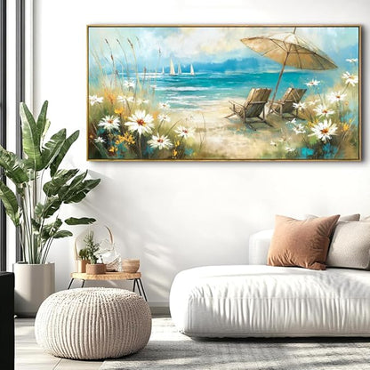 Beach Landscape Wall Art - Framed Modern Canvas Painting for Living Room, Bedroom Home Office Decor, 40x20 Inch Ready to Hang