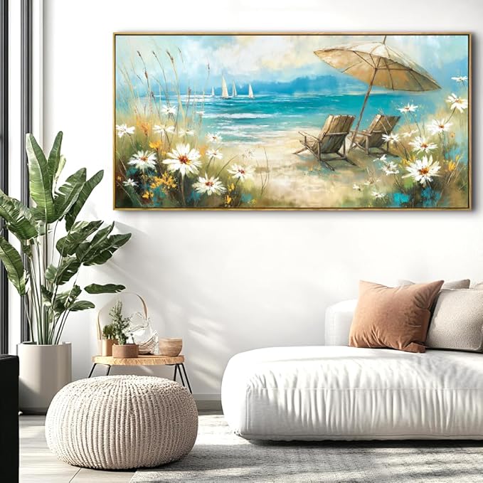 Beach Landscape Wall Art - Framed Modern Canvas Painting for Living Room, Bedroom Home Office Decor, 60x30 Inch Ready to Hang