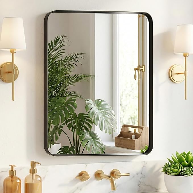 Sweetcrispy Bathroom Wall Mirror, 30x22 Inch Wall Mount Mirror for Over Sink, Modern Rounded Rectangle Vanity Mirror with Matte Metal Framed, for Home Decor, Living Room, Bedroom, Black