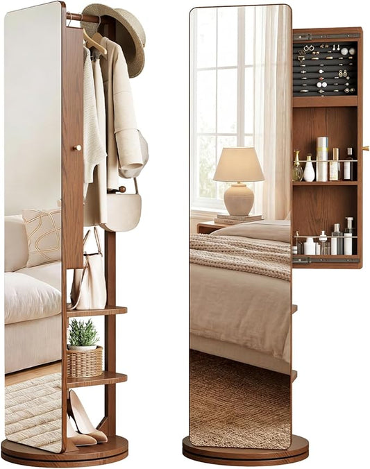 69" H×20" W Solid Wood Mirror Jewelry Cabinet,360°Swivel Jewelry Organizer,Jewelry Armoire Cabinet Standing,Full Length Mirror with Storage&Coat Rack,Walnut