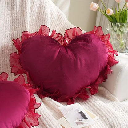 MOJUN Heart Throw Pillows, Red Heart Shaped Pillow with Ruffles Cute Soft Love Heart Pillow Decorative Throw Pillows Cushion for Sofa Couch Bed Living Room Decor