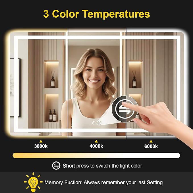 LED Bathroom Mirror with Lights - Anti-Fog, Dimmable, Backlit+Frontlit, 3 Color Light - 50"x30" Lighted Vanity Mirrors for Wall, Shatterproof Tempered Glass, Memory Function