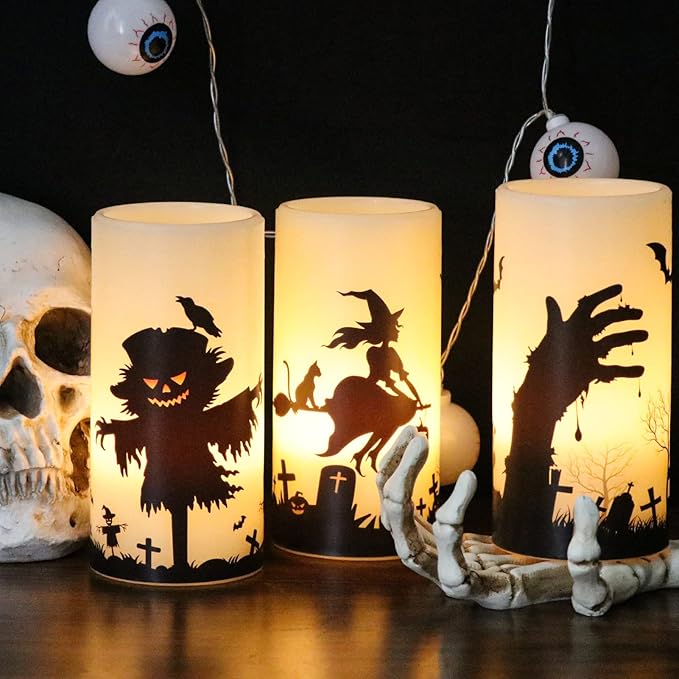 Halloween LED Flameless Pillar Candles Battery Operated Remote and Timer Real Wax Yellow Light Flickering Scarecrow Witch Ghost Hand Decals Halloween Candles Decoration Gifts(3 x 6 Inches)