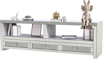 COSVALVE Silver Mirrored TV Stand for TVs Up to 65 Inches, LED TV Stand Modern Entertainment Center with Drawers & Open Storage, TV Console Table for Living Room, Game Room (Fully Assembly)