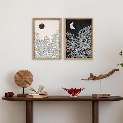SRSZHIYUE Minimalist Black and White Sun Moon Abstract Sign Boho Wall Decor 24x16 Inch Small 2 Pieces Modern Artwork Painting Century for Bedroom Above Bed Living Room Wall Art HangIing(Wood)