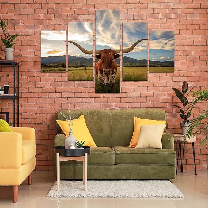 Yatsen Bridge 5 Panels Cow Canvas Wall Art Texas Longhorn Wall Decor Painting for Living Room - 60''W x 40''H