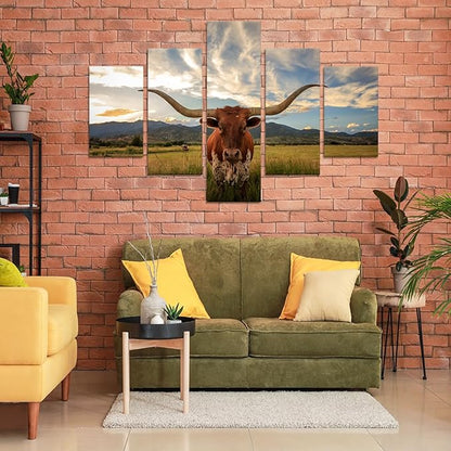 Yatsen Bridge 5 Panels Cow Canvas Wall Art Texas Longhorn Wall Decor Painting for Living Room - 60''W x 40''H