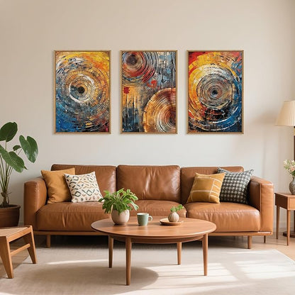 Large Colorful Tree Ring Framed Canvas Wall Art,Modern Tree Stump Wall Decor,Abstract Wood Grain Artwork,Neutral Botanical Annual Ring Art Print for Living Room,Bedroom,Office- 24"x36"x3