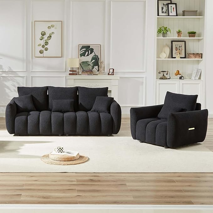 Antetek 35" Modern Accent Single Sofa Chair, Comfy Deep Seat Teddy Living Room Chair, Leisure Boucle Reading Sofa Arm Chair for Bedroom, Office, Apartment, Black