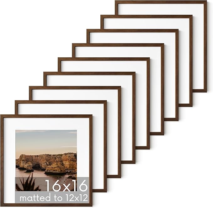 HAUS AND HUES Walnut Oak Wood 16x16 Picture Frames - Set of 9, Square Frames with Mat, Elegant Frames for Gallery Wall Displays (16x16 in, Walnut, Set of 9)