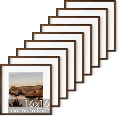 HAUS AND HUES Walnut Oak Wood 16x16 Picture Frames - Set of 9, Square Frames with Mat, Elegant Frames for Gallery Wall Displays (16x16 in, Walnut, Set of 9)