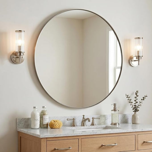 ANDY STAR Circle Mirror, Large Round Brushed Nickel Bathroom Mirror, Silver Round Vanity Mirror, Seamless Thin Metal Frame, 1" Deep Wall Mounted, Perfect for Oversized Space