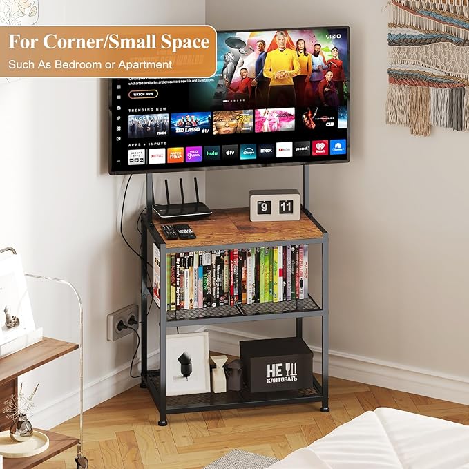 23 Inch to 50 Inch Floor Small Corner TV Stand with Storage Shelves for Living Room Bedroom, Universal Floor Television Stands with Mount, Rustic Brown Corner TV Table Desk Shelf for Small Space
