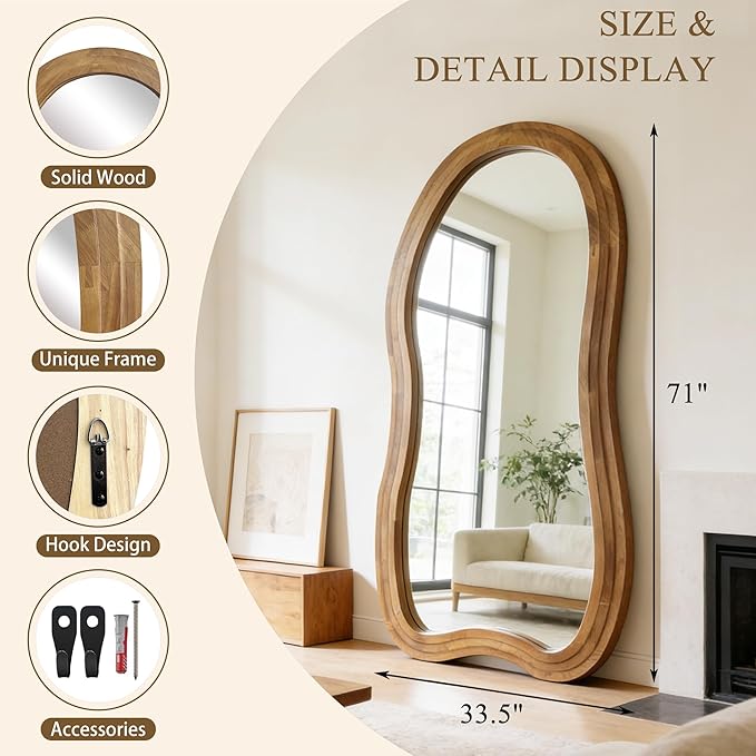 Irregular Full Length Mirror, 71"x33.5" Premium Oversized Organic Floor Mirrors with Triple Layer Solid Wood Frame, Asymmetrical Full Body Mirror for Living Room Entryway, Leaning/Hanging