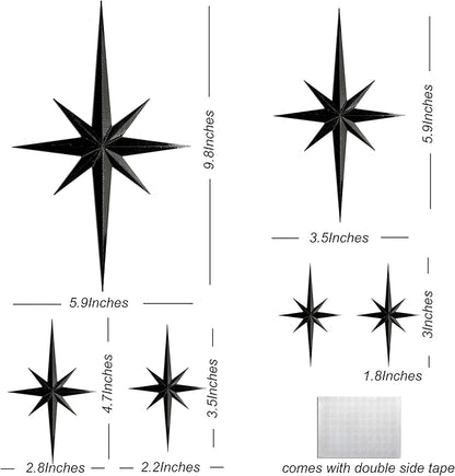 Stylor Mid Century Modern Decor, Mcm Retro 3D Star Art Wall Sculpture, Plastic Starburst Decor, Vintage Celestial Whimsigoth Home Decor Accent. (Set of 6, Black)