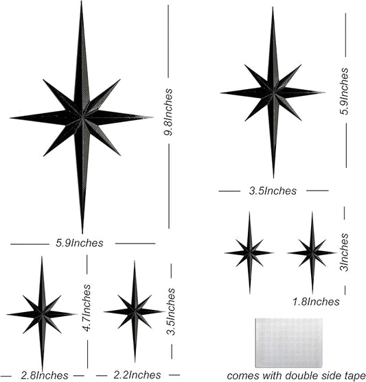Stylor Mid Century Modern Decor, Mcm Retro 3D Star Art Wall Sculpture, Plastic Starburst Decor, Vintage Celestial Whimsigoth Home Decor Accent. (Set of 6, Black)