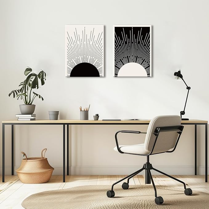 Hwetui Framed Boho Sun Wall Art Set of 2 Black and White Minimalist Sunrise Canvas Prints Abstract Sunshine Painting Geometric Line Pictures Home Decor for Living Room Bedroom Bathroom 12x16in