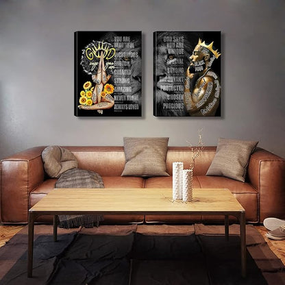 2 Pecs Framed Black King and Queen Wall Art Black Couple African American Men Portrait Wall Art Black Men Art Afro King Poster Abstract Contemporary Canvas Prints Painting Home Decor for Bedroom
